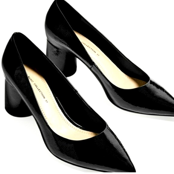 Zara Shoes - Zara black patent round block heel pumps 40